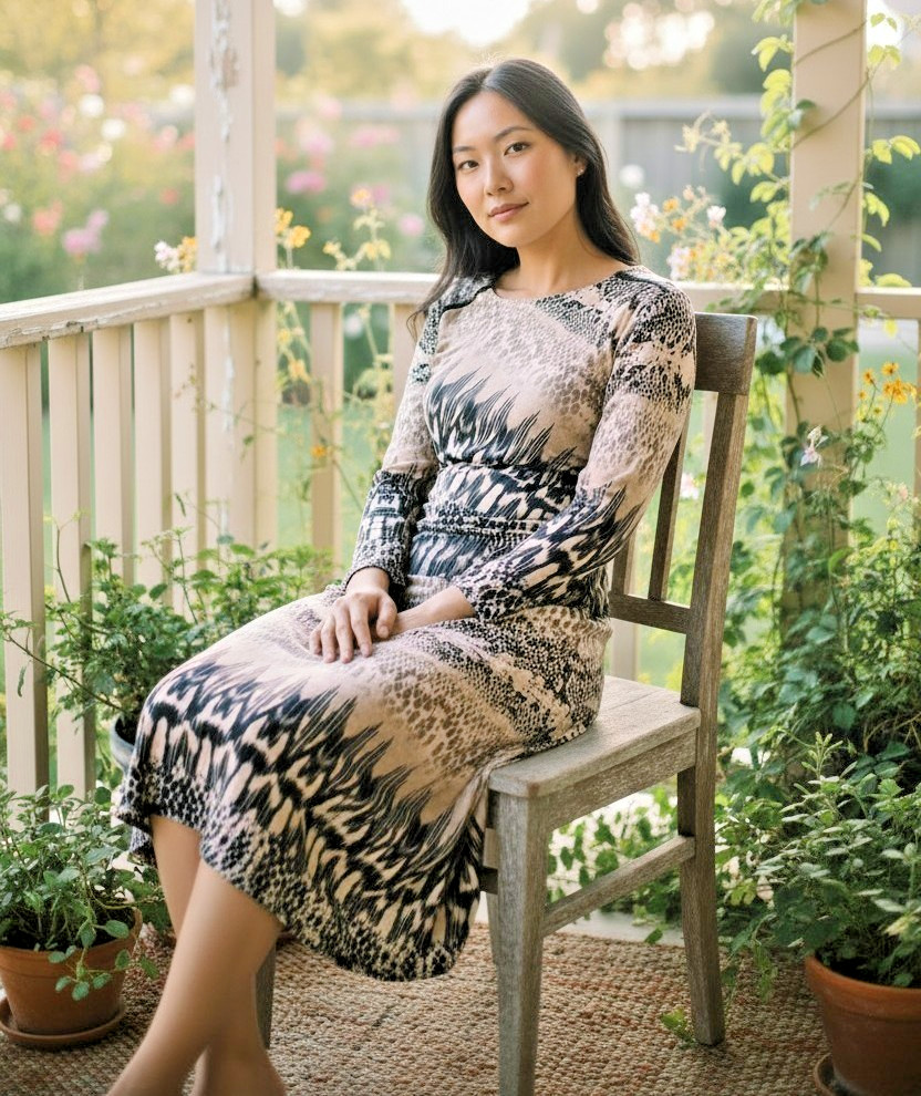 Julien Macdonald Dress 12 Animal Print Jersey Bodycon Long Sleeve Midi Julian