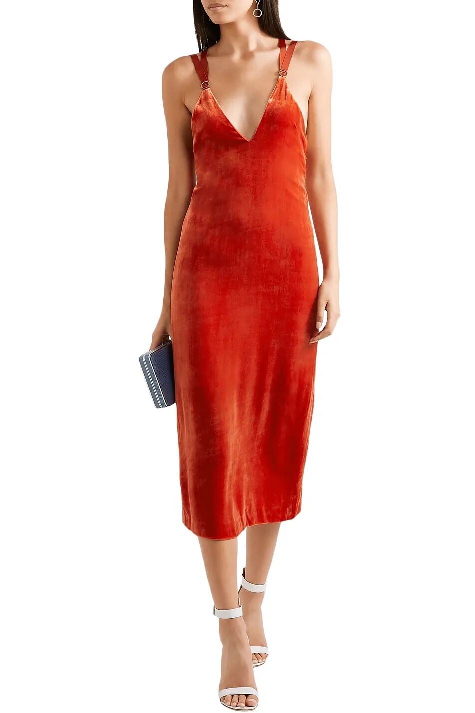 Dion Lee Dress Orange Velvet Mesh Straps V Neck Plunge Midi Slip Sz 0 NWT $590