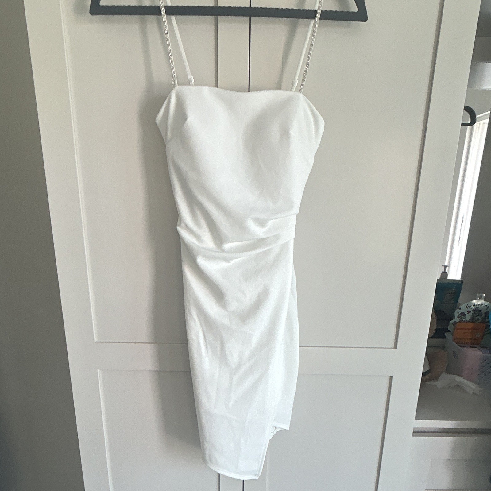 White Satin Bodycon Knee Length Dress S Square Neck Adjustable Straps Zip