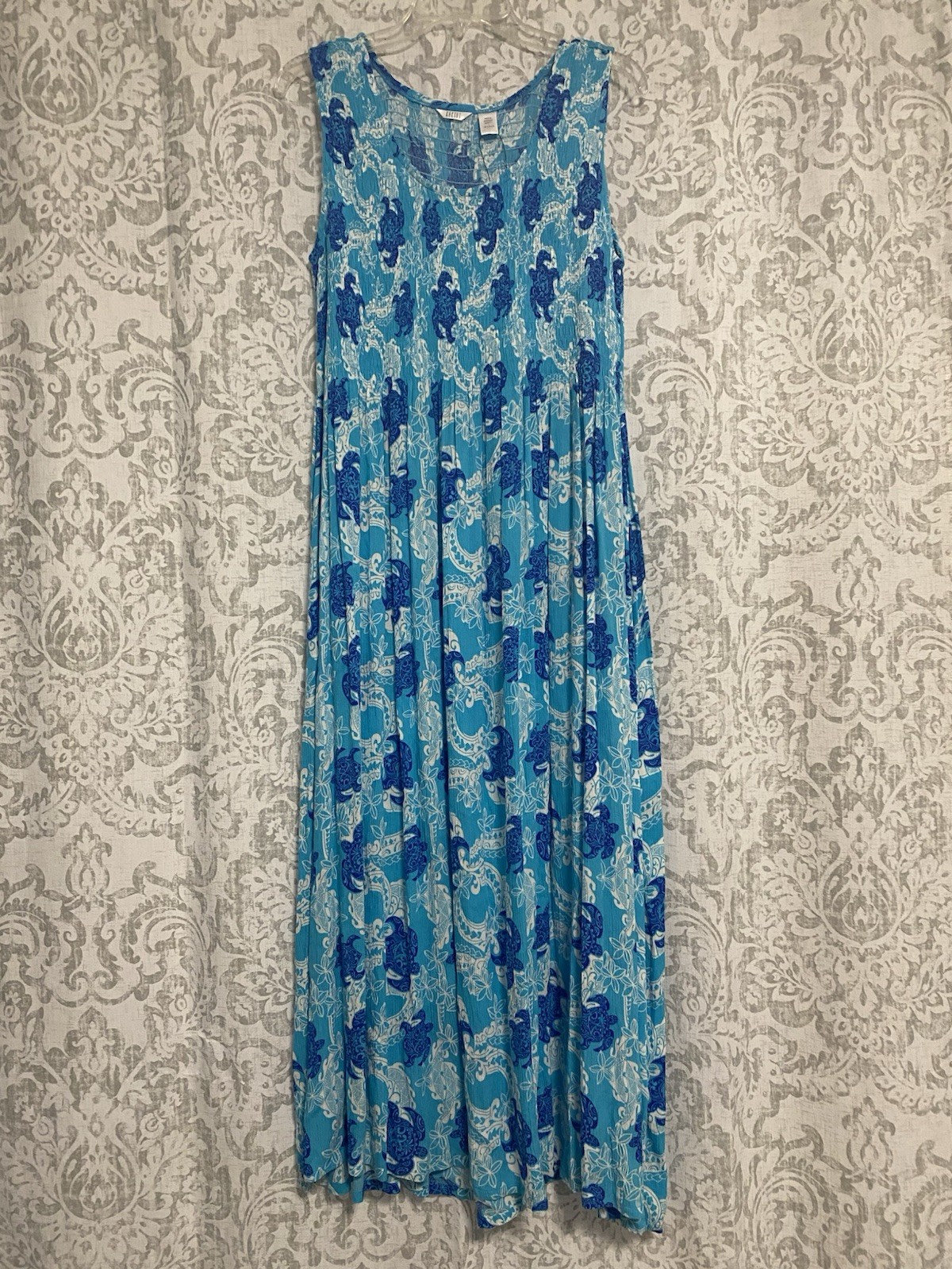 Kaktus Smocked Tropical Floral Turtle Print Boho Resort Maxi Dress Blue White L