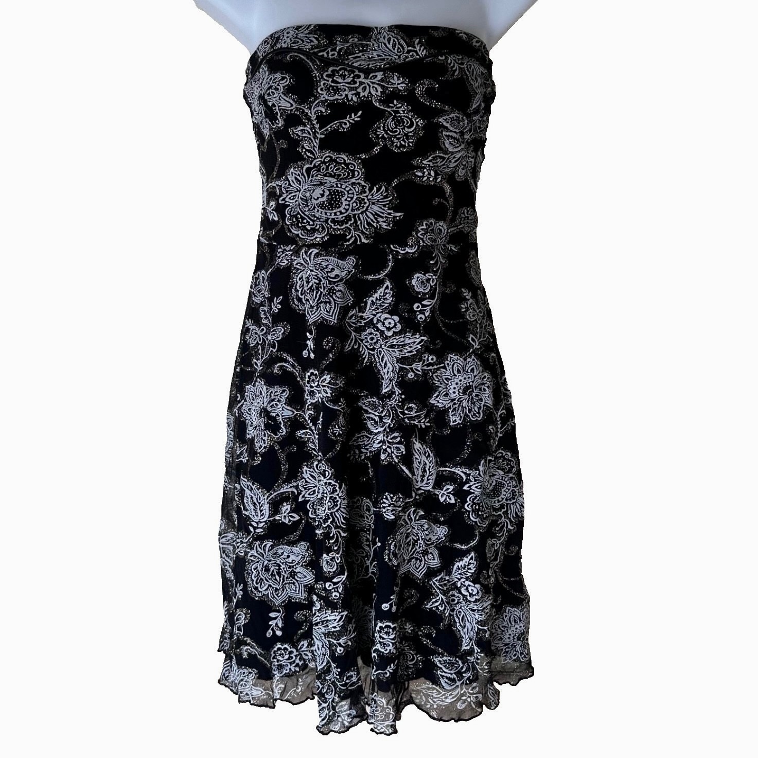 JANE NORMAN Black White Floral Strapless Party Dress Silver Glitter Y2K Size 12