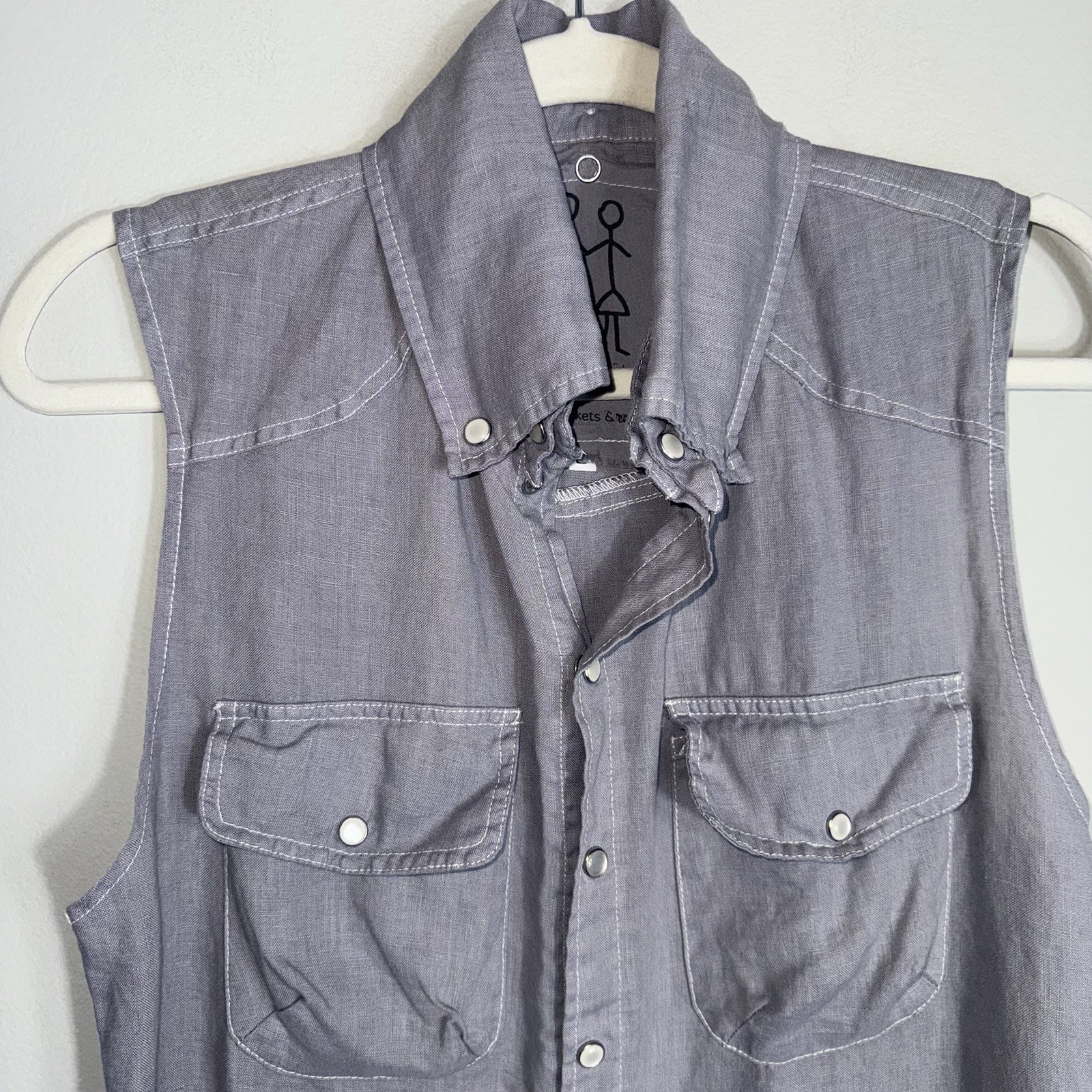 Pete & Greta-Johnny Was Sleeveless Linen Dress-Pearl Snap Front-Linen-Gray-Small