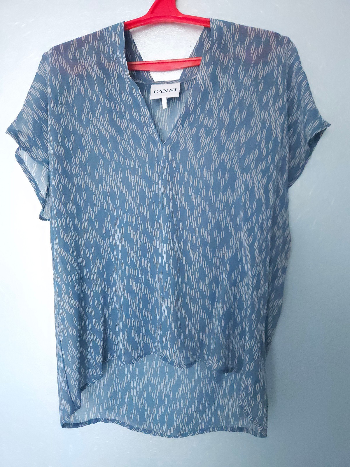 GANNI Pleasing Blouse Top –Size S- M (XS), Blue Viscose Georgette, Made in India