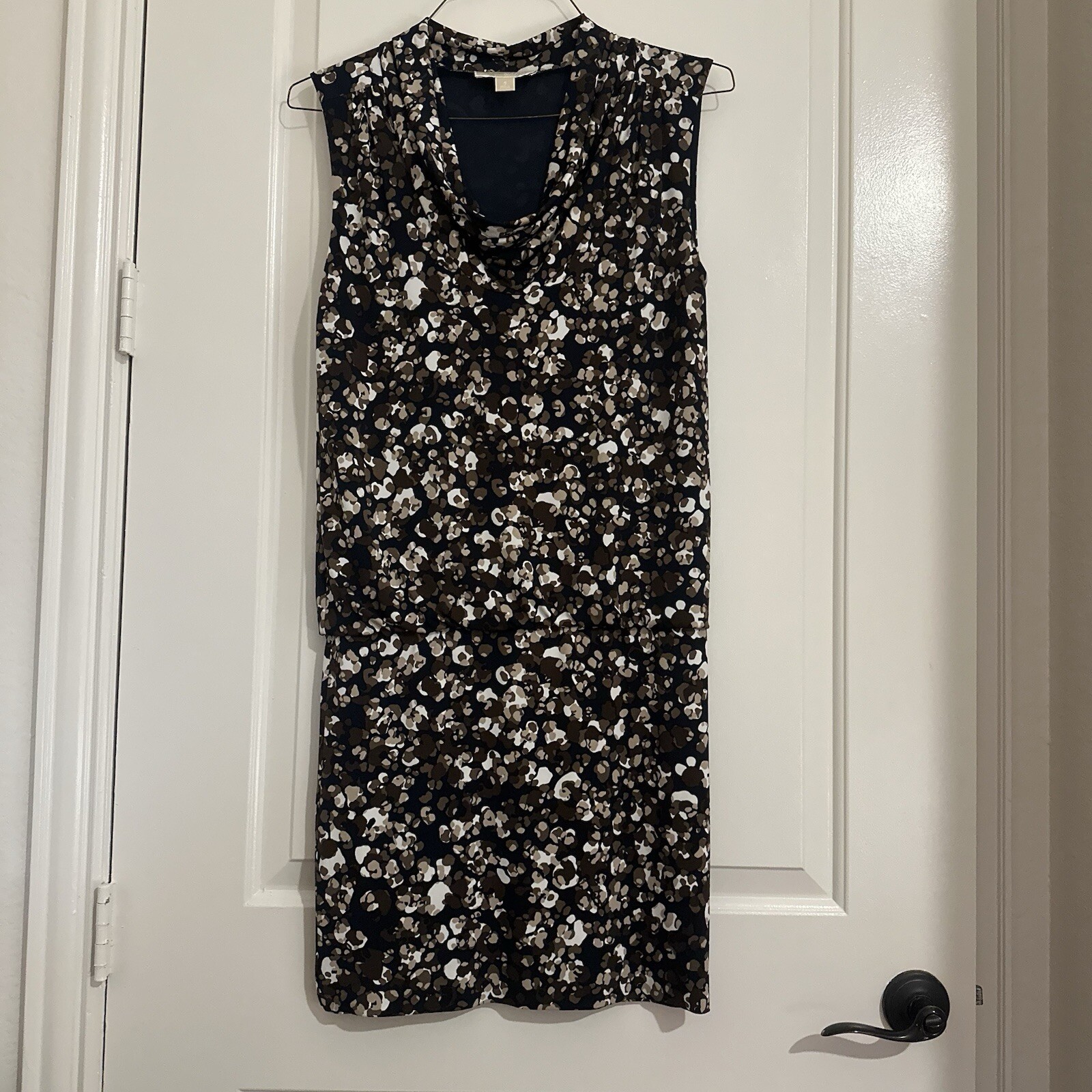 Michael Kors Brown Tan Navy Blouson Style Sleeveless Cowl Neck Dress Size S