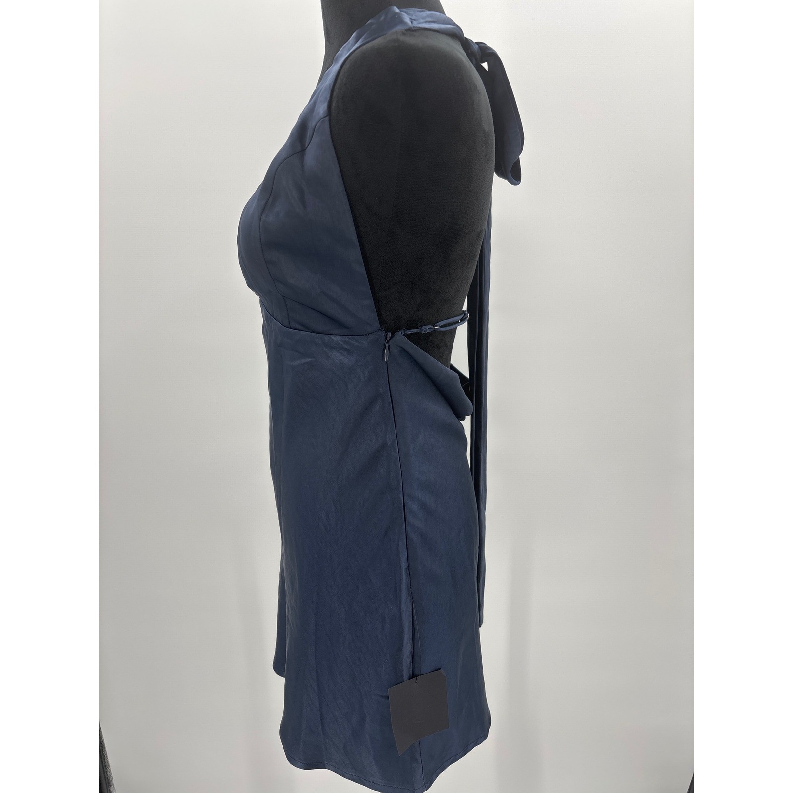 Lulus Zimri Navy Blue Satin Halter Mini Dress Open Back Tie Detail NWT Small