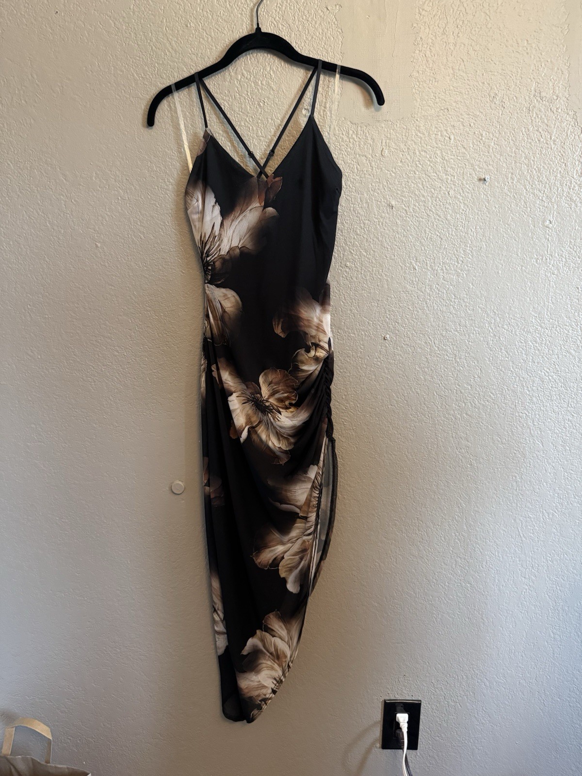 I.S.A. Womens Black Beige Floral Chiffon Slip Midi Dress V-Neck Strappy M