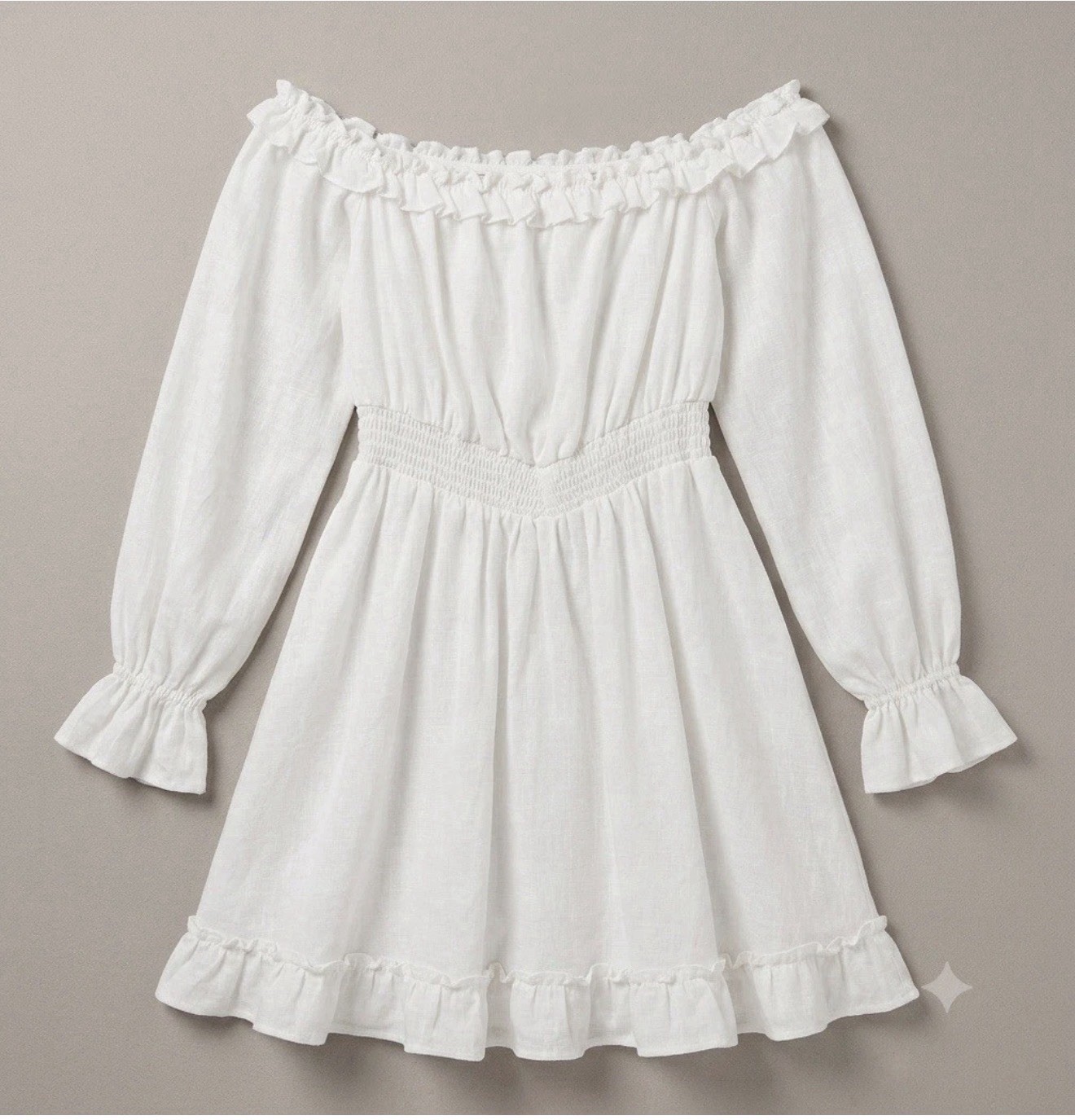 Amisu Womens Off Shoulder Dress Small White Smocked Ruffle Mini Long Sleeve Boho