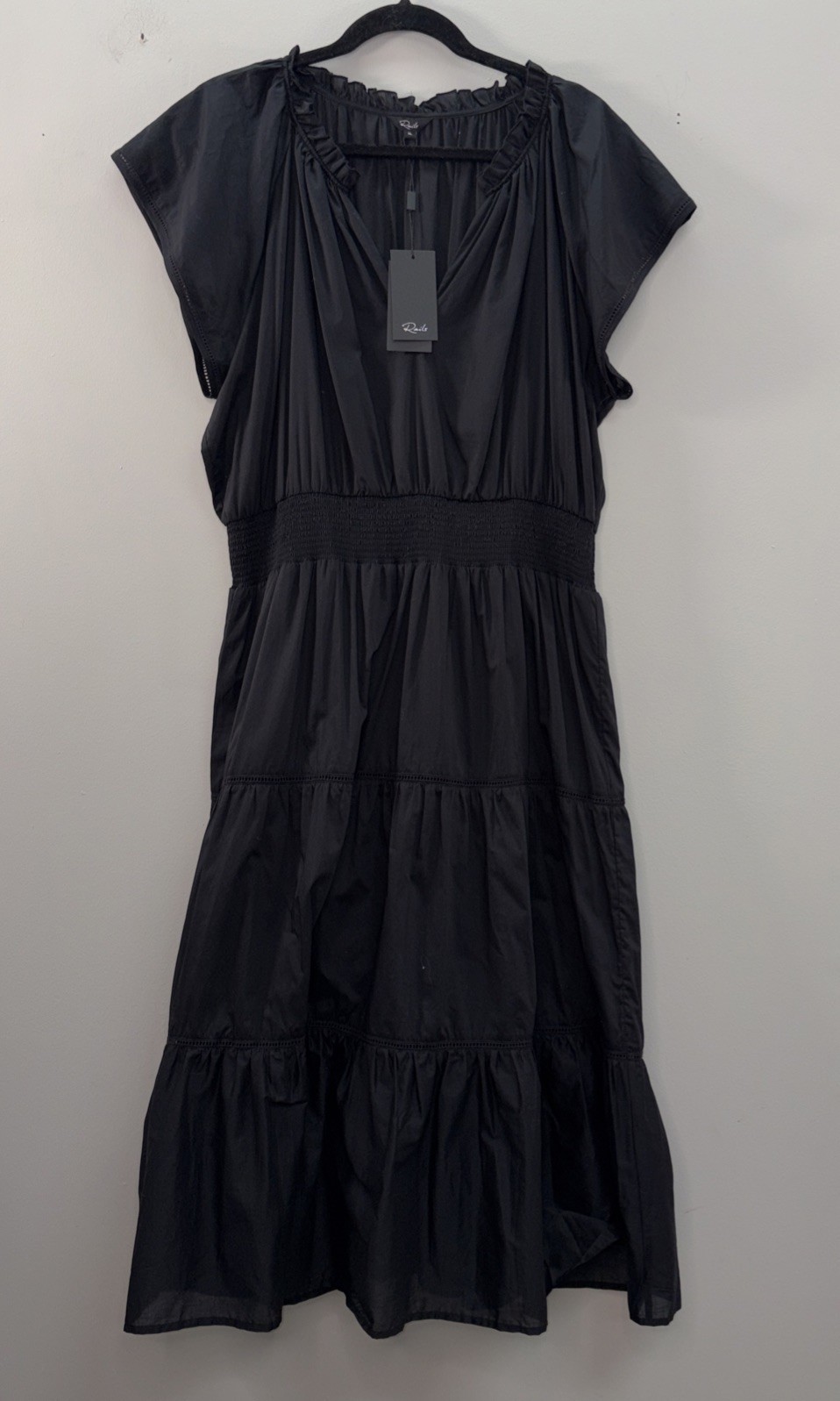 Rails Wowens XL Clementine Embroidered Midi-Dress black Smocked 100% Cotton NWT