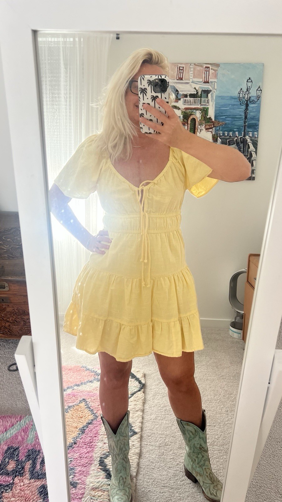 Yellow Solid Tiered Ruffle V-Neck Flutter Sleeve Tie Mini Sundress Womens