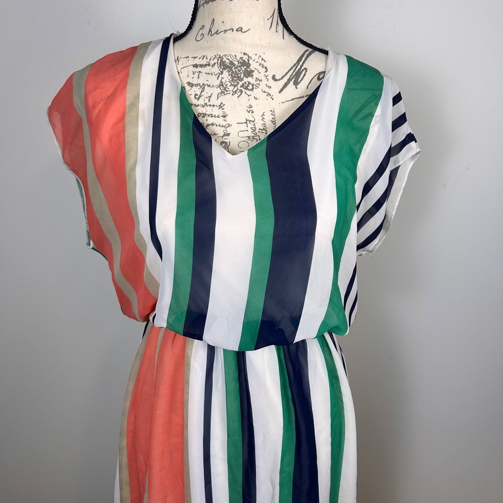Espresso Colorblock Striped Chiffon Dress Womens Medium Green Orange Navy White
