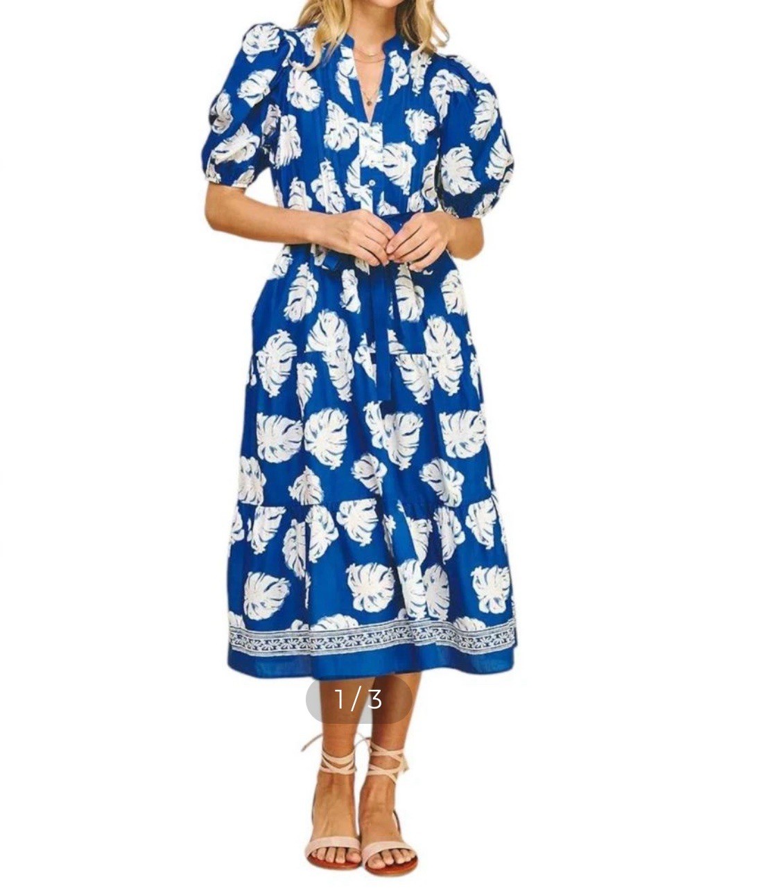 Pinch Tiered Midi Dress Women’s L Blue Floral Cottage Core Puff Sleeve Summer