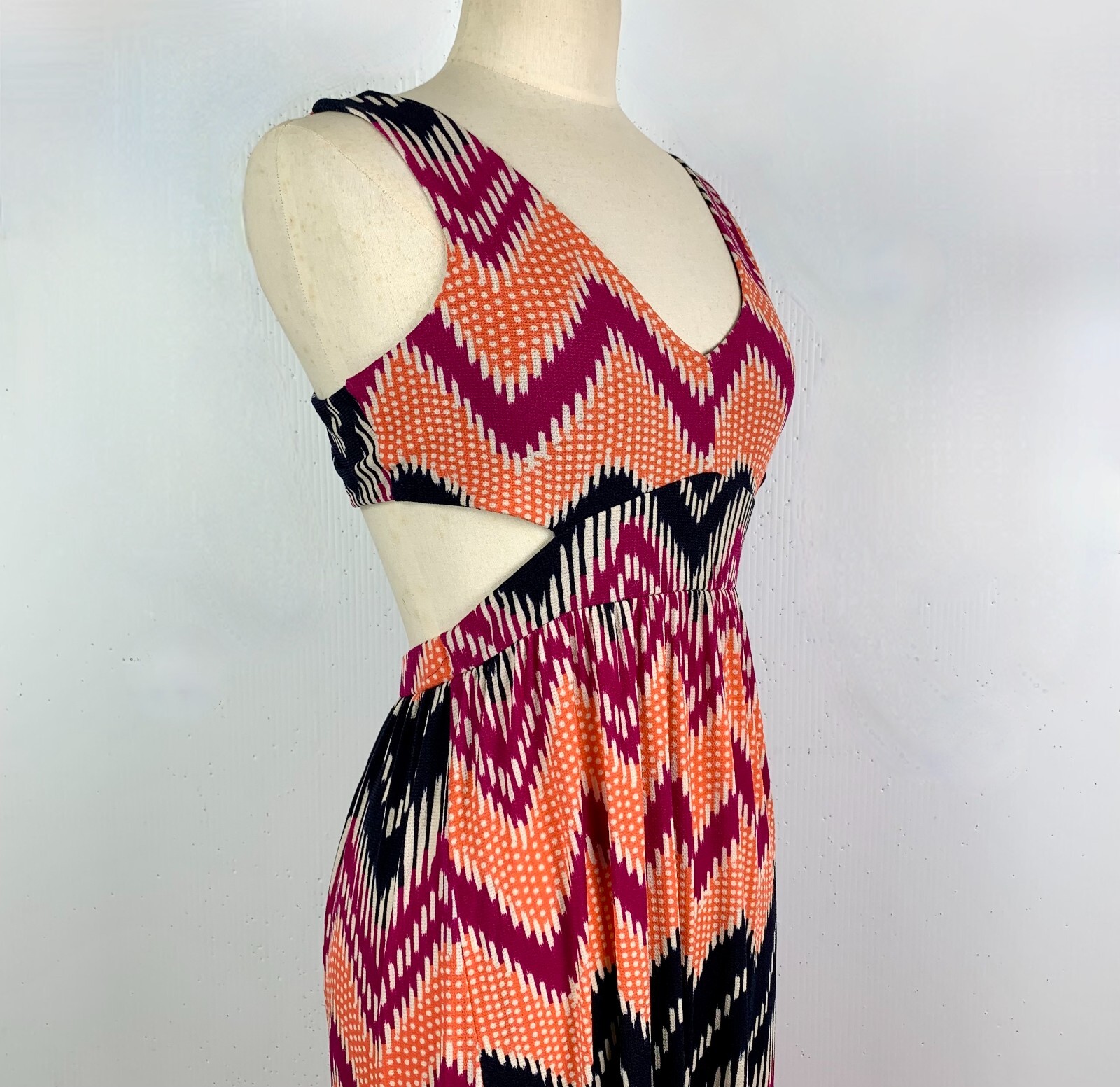 Vtg Havana Maxi Halter Dress M Orange Blue Fuchsia Chevrons Cruise Ware