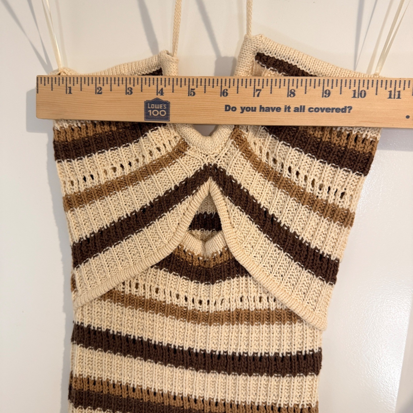 Et Clet Striped Crochet Knit Halter Neck Midi Dress Brown Beige Beach Coastal S