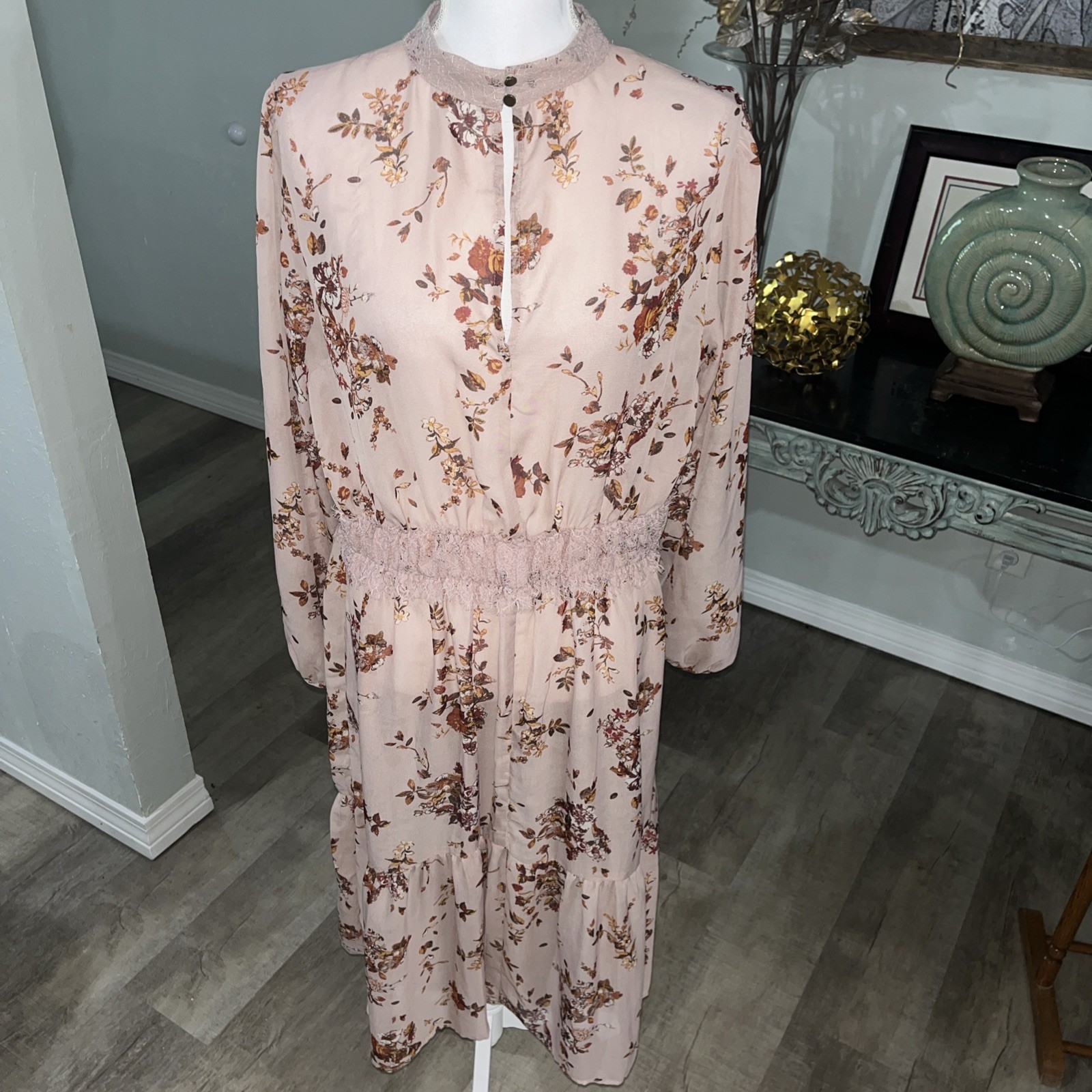 Bohemian Pink Floral Sheer Illusion Overlay Dress Cottage Core High Neck Sz L