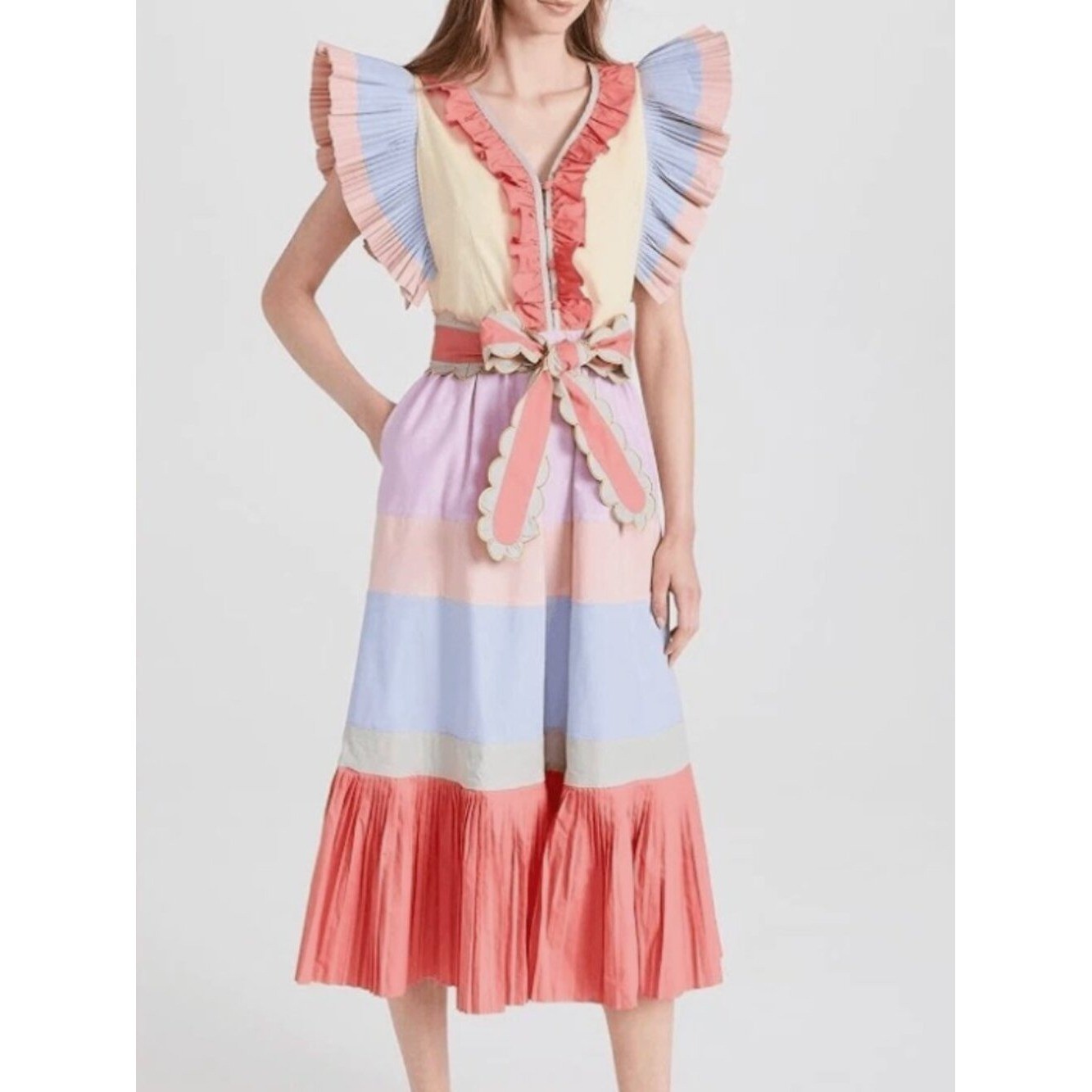CeliaB Marcellene Ruffle Pleated Midi Dress Pastel Colorblock