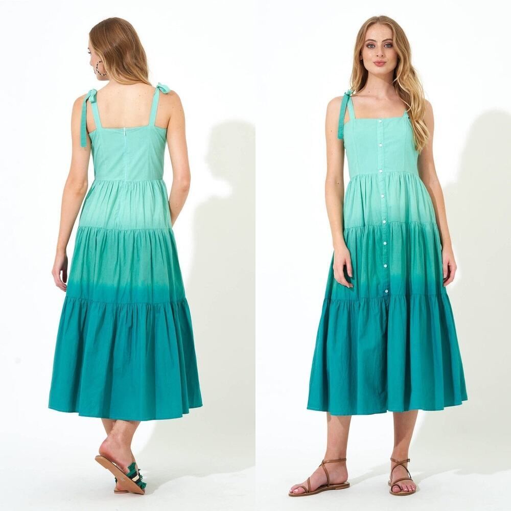Oliphant NEW Tie Strap Button Cotton Poplin Midi Dress in Ombre Green – Size XS