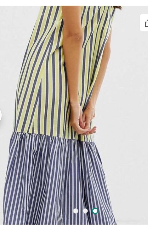 ASOS Sundress Blue Yellow Stripe Peplum Midi Smock Button Front Tie Sleeves US 0