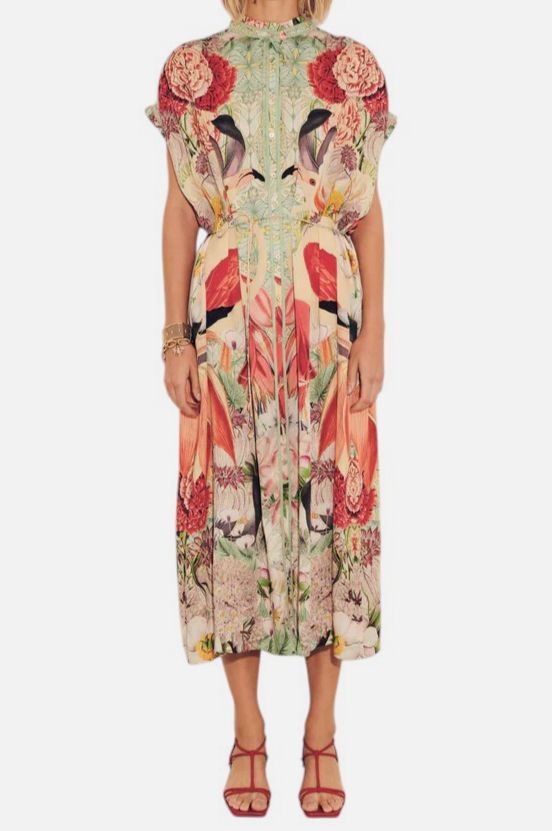 Carolina K Women’s Green Flamingo Belted Valerie Midi Caftan Dress Size XS-S