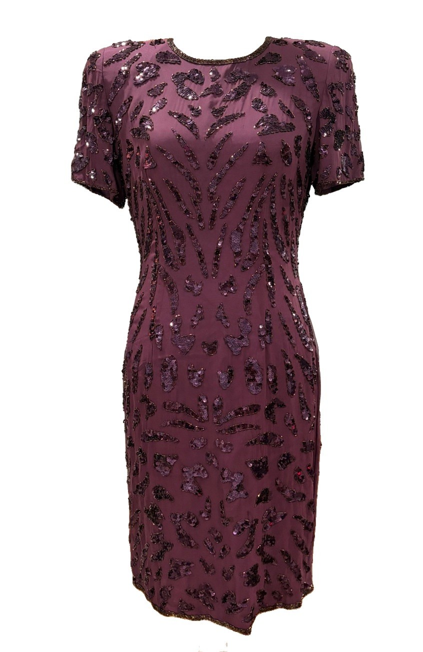 Kathryn Conover By Night Purple Fully Beaded Silk Midi Dress Size 10 80s Glam