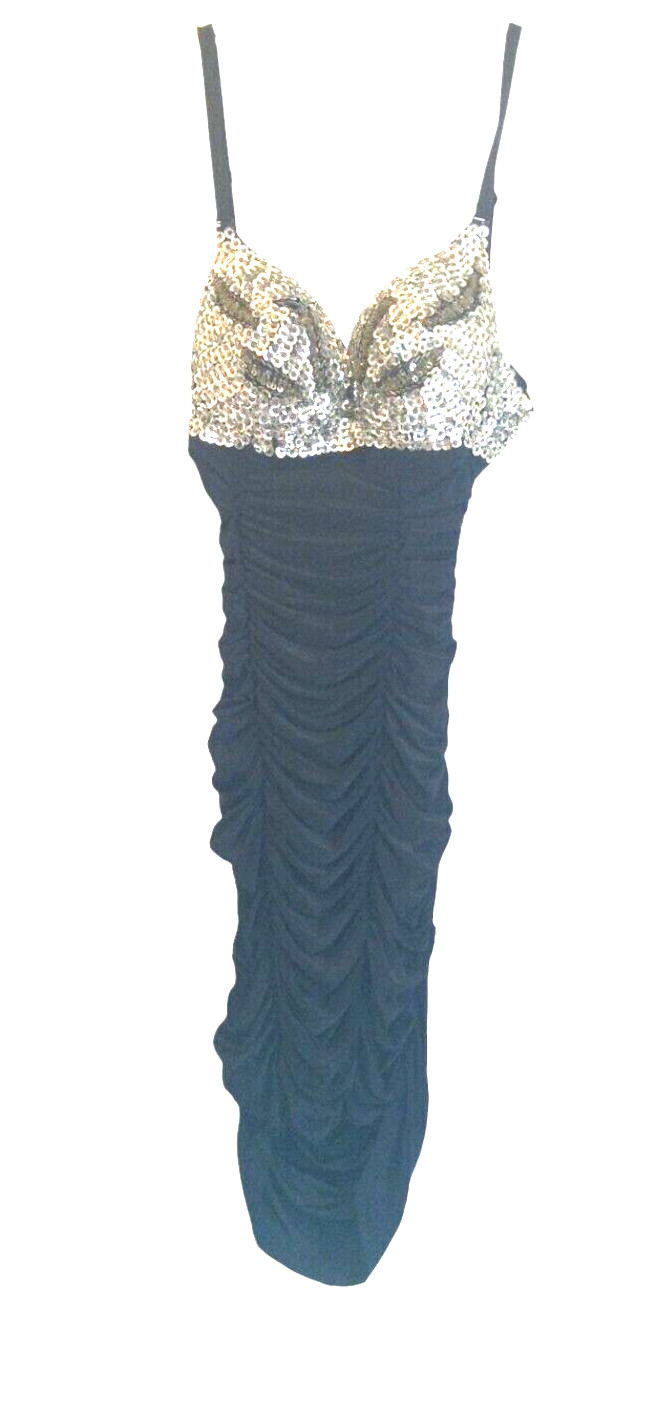 Women’s Bodycon Dress Sz M Black Ruched Sequin Bust Spaghetti Strap Cocktail