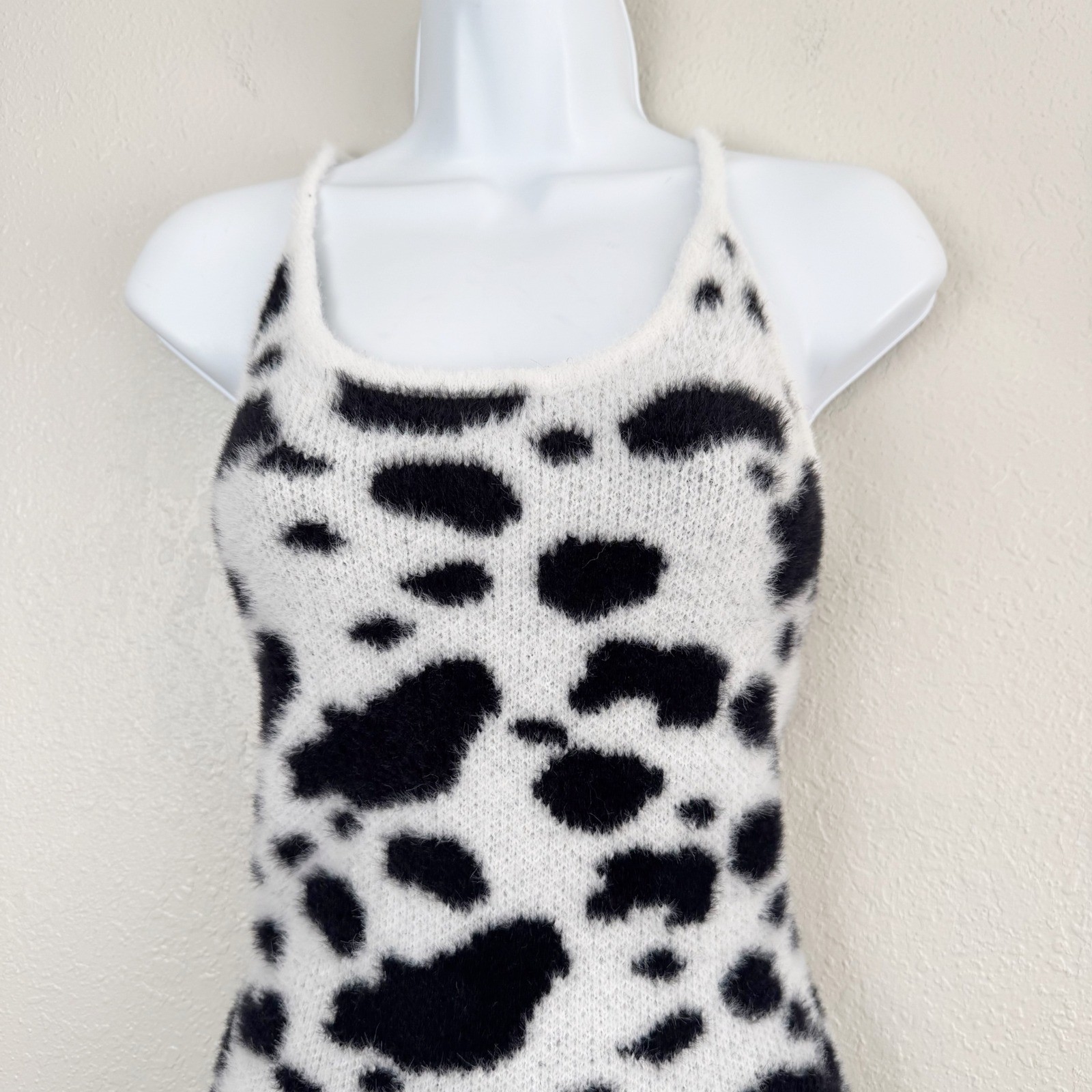 LA Hearts Cow Print Fuzzy Knit Mini Dress Black White Small Sleeveless Bodycon S