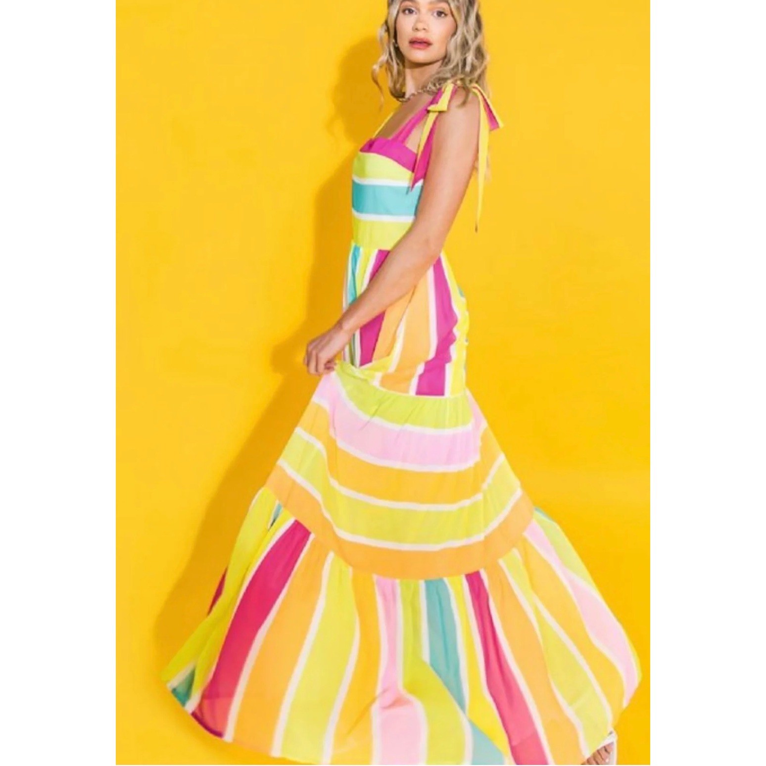 Ms Bling Multi Color Striped Tiered Maxi Dress Yellow Pink Orange Teal Size Med
