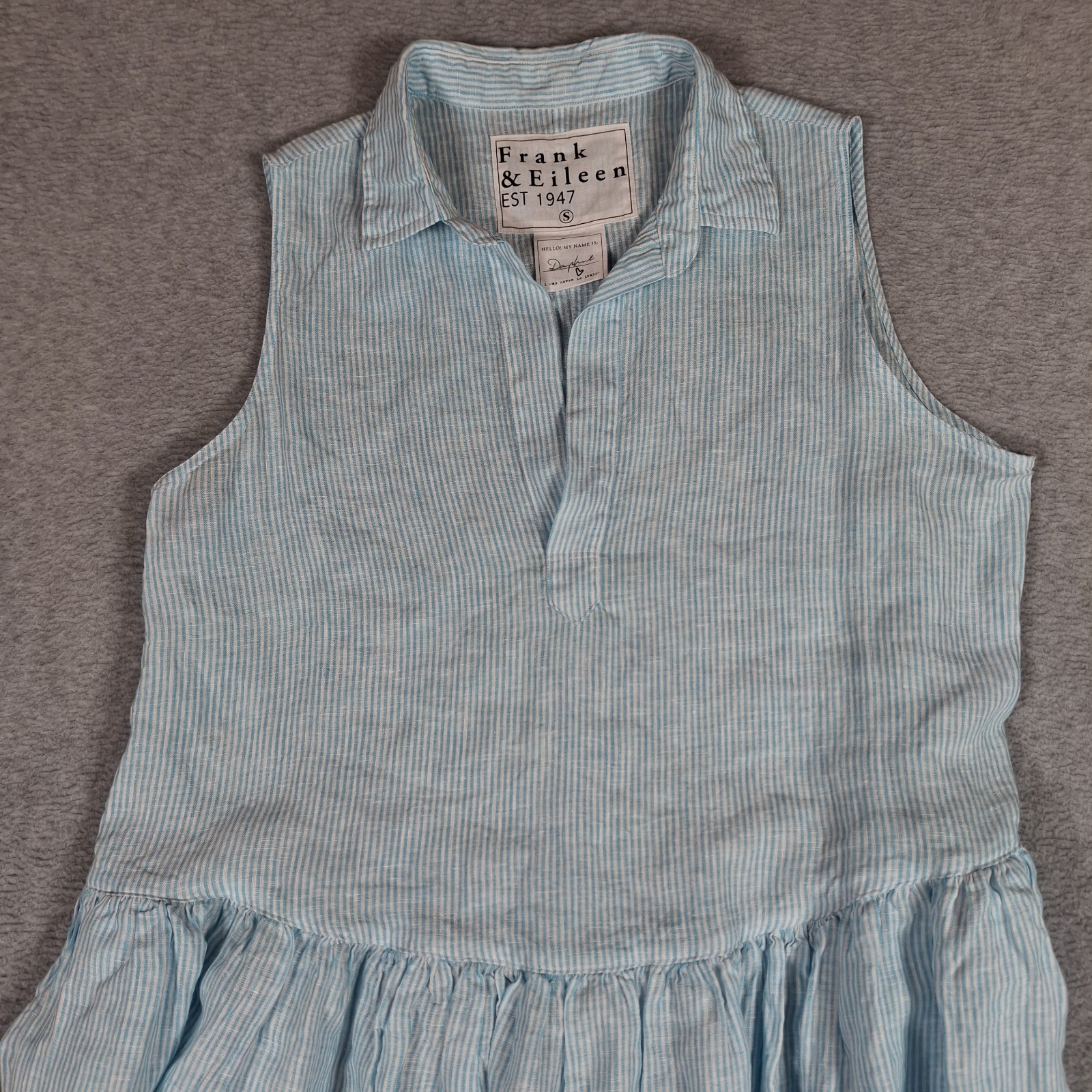Frank & Eileen Daphne Linen Dress Small Blue White Stripe Maxi Pockets Coastal