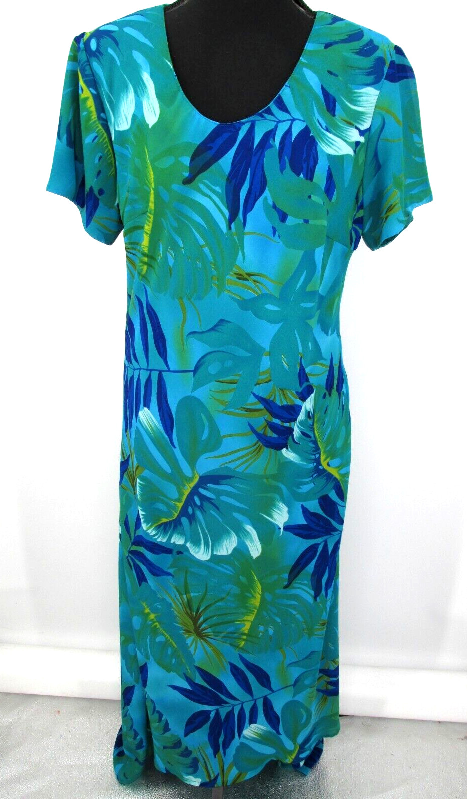 A WILD THYME Maxi Dress Women SZ 14 Blue Floral Asymetric Hem VTG 90’s Tropical