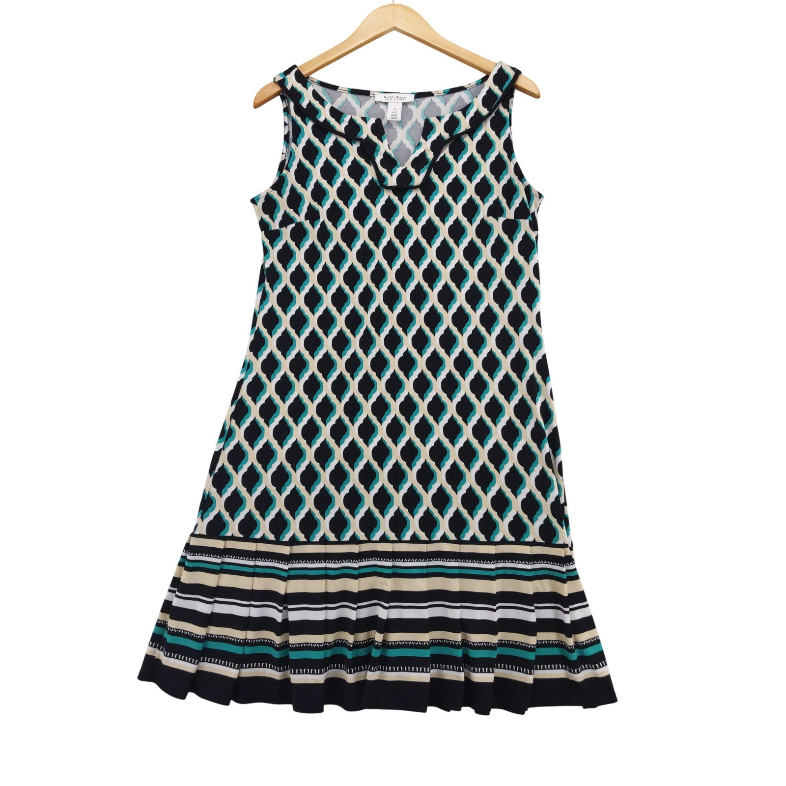 White House Black Market Dress Womens Medium Teal Black Geometric Pleated Shift