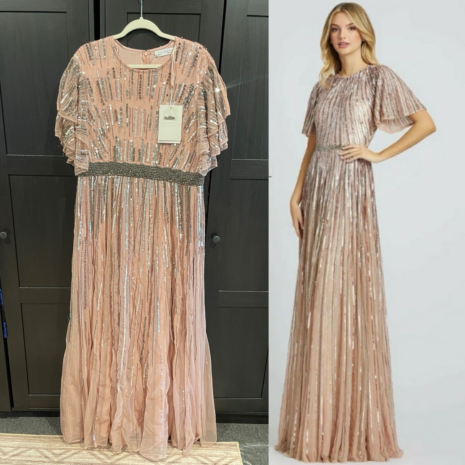 Mac Duggal Dress Gown Women’s Sz 16 XL Pink Silver Grey Sparkle Sequins Beaded