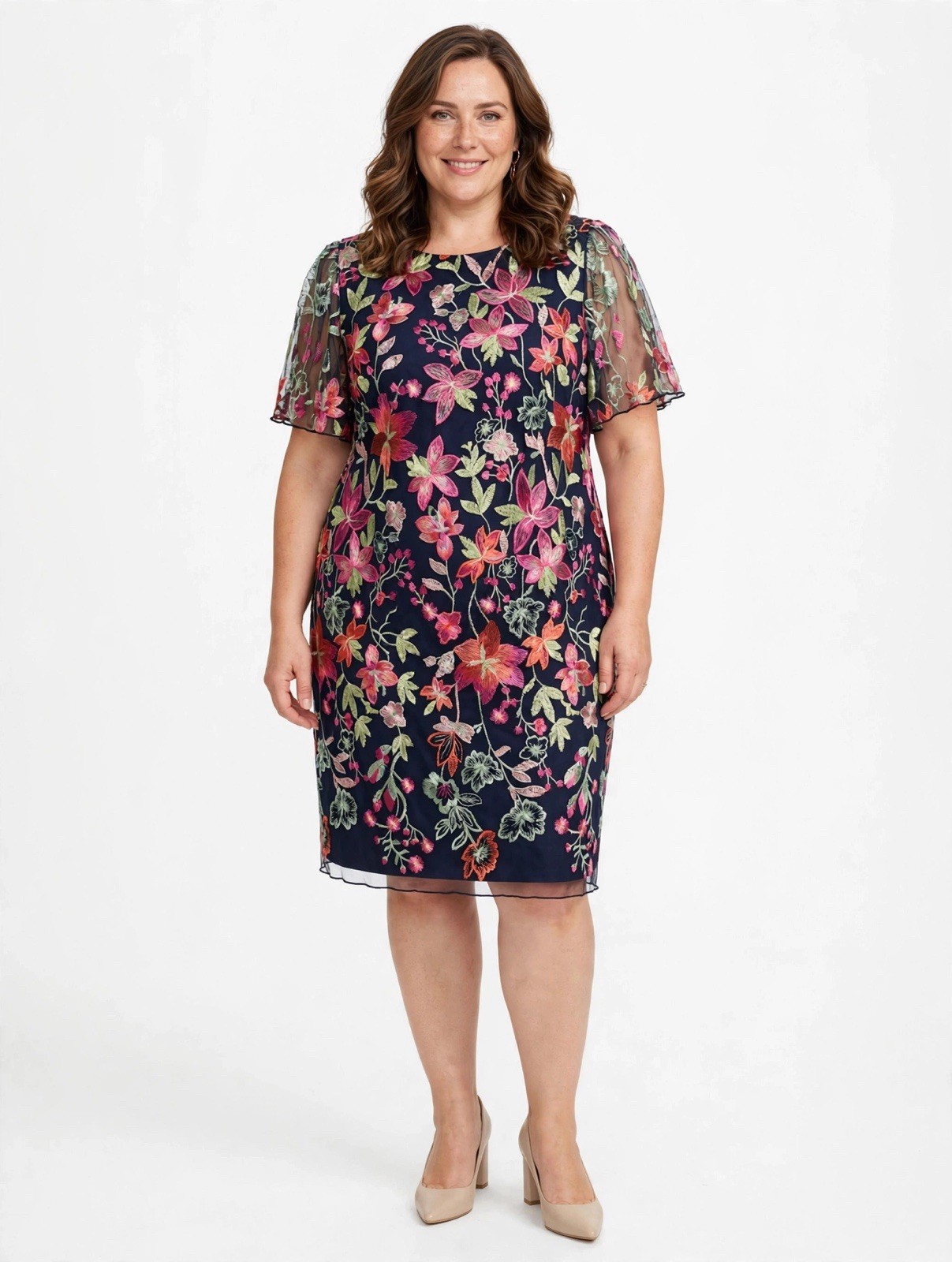Jessica Howard Dress 14W Navy Floral Embroidered Sheer Sleeve Cocktail Wedding
