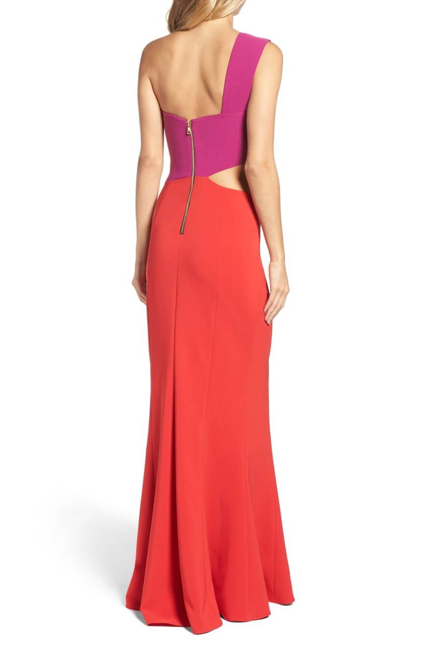 MARIA BIANCA NERO Colorblock One-Shoulder Woven Gown Sz 2 Black-Ivory