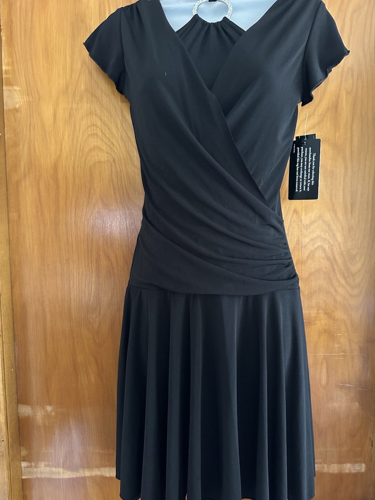 BCX NWT Black Halter Faux Wrap Dress M Rhinestone O-Ring Fit & Flare Cocktail