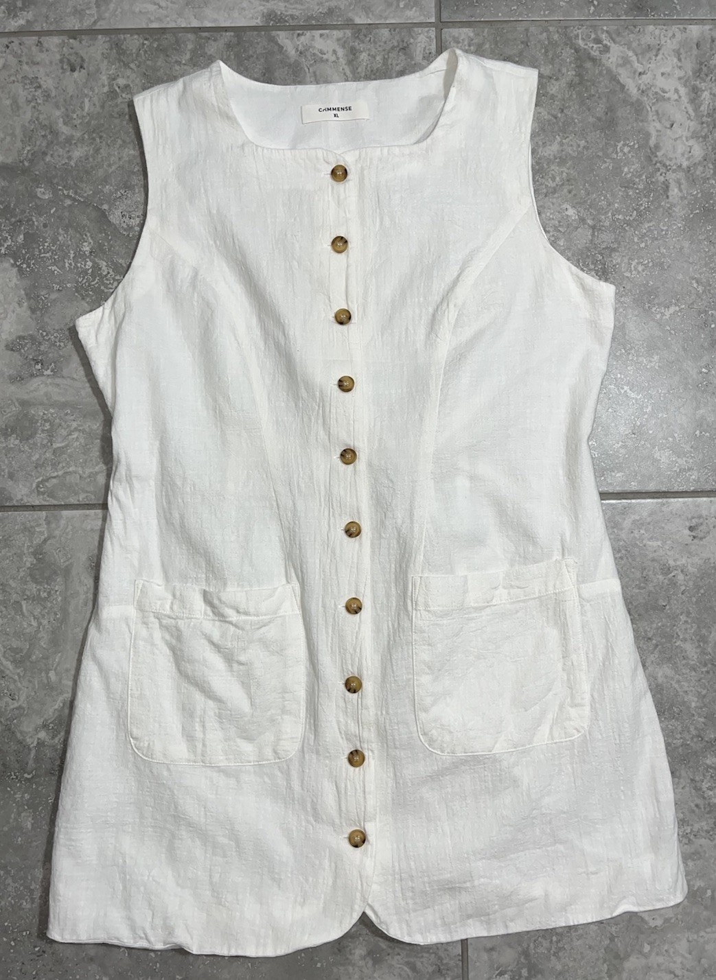 COMMENSE White Sleeveless Button Front Cotton Mini Shirt Dress Cinch Waist XL