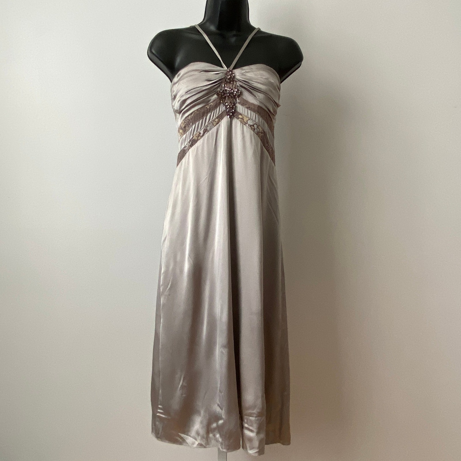 Y2k Maria Bianca Nero M Champagne VTG Fairy Halter Midi Dress Beaded Lace Trim