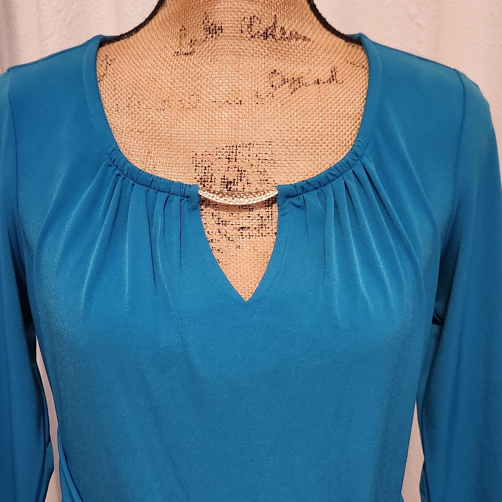 Thalia Sodi Women’s S Teal Blue 3/4 Sleeve Pleated Faux Wrap Buckle Accent Dress