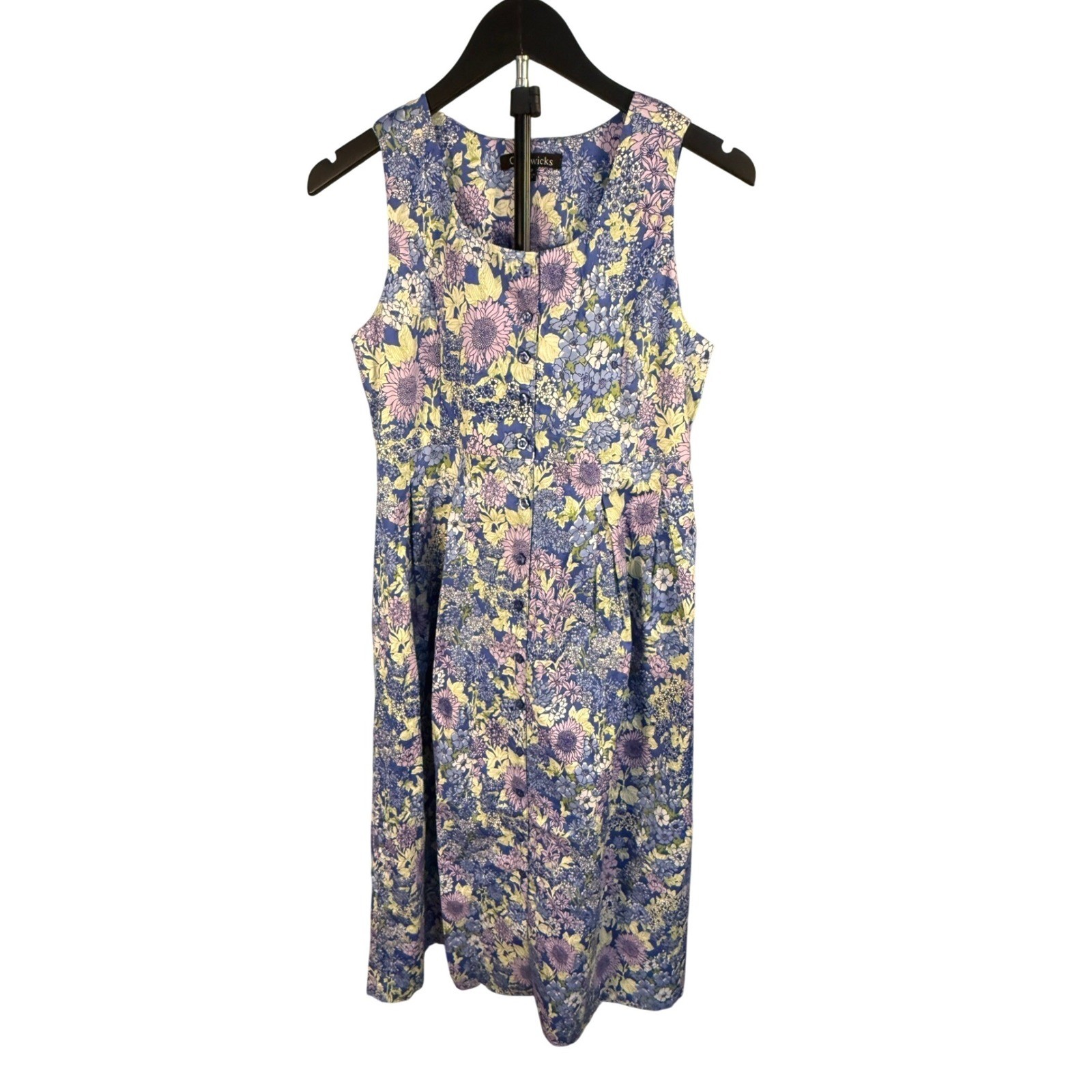Chadwicks Blue Floral Cotton Blend Button Front Midi Dress 2P Petite Garden