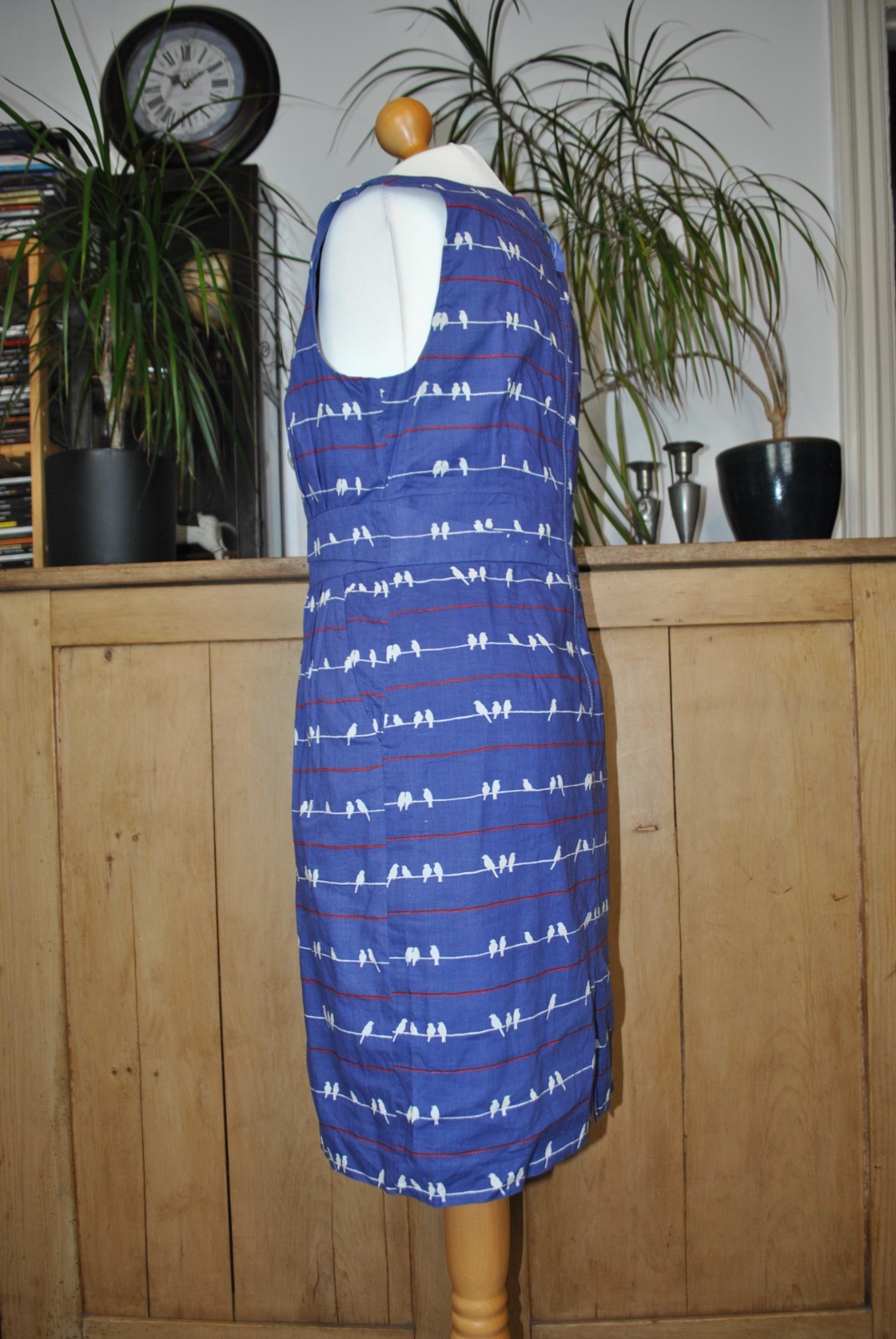 Poem by Oliver Bonas Blue Bird Print Cotton Sleeveless Fit & Flare Dress Size 12