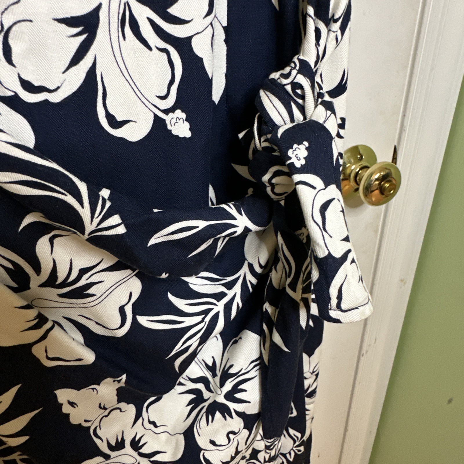 Caribbean Joe Faux Wrap Sleeveless Floral Hibiscus Blue Cream Summer Dress M