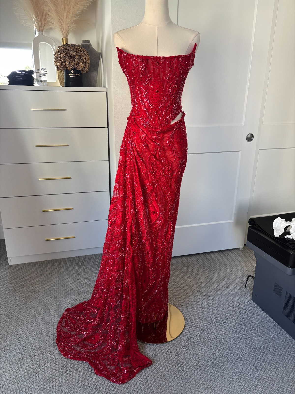 H A N A Custom Made High End Red Sequin Strapless Corset Gown Front Side Slit