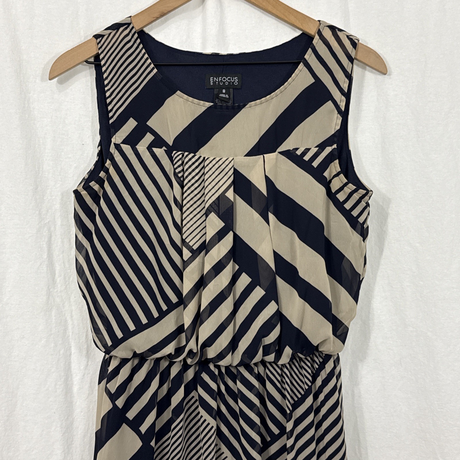 En Focus Studio Women’s Tan-Navy Blue Maxi Sleeveless Long Dress Geo Print Sz 8