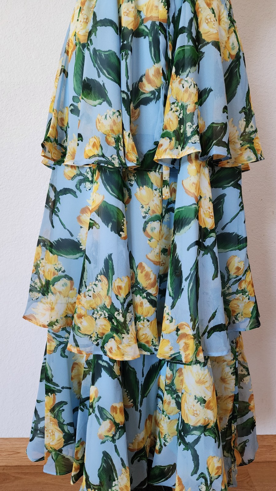New Maxi Dress Size Large XL Chiffon Blue Floral Tiered Halter Bow Elegant