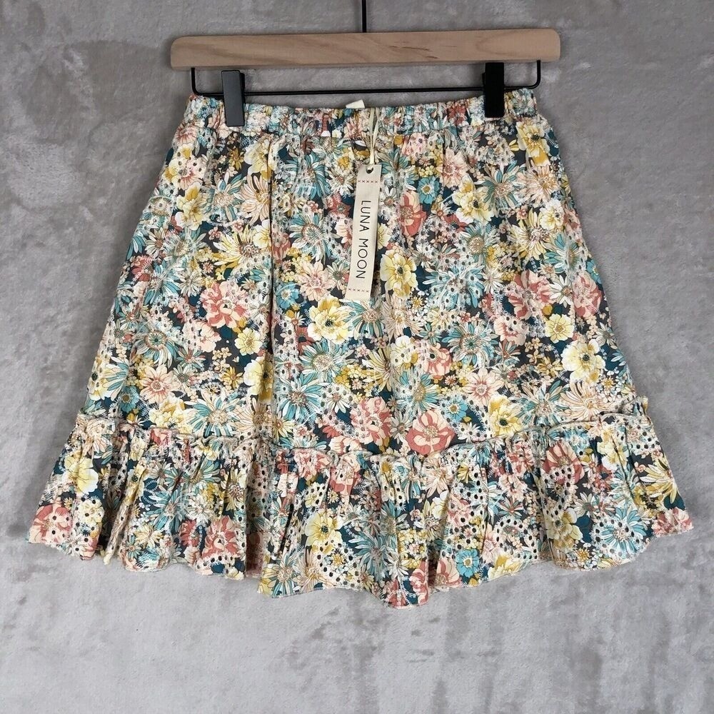NWT LUNA MOON Top & Skirt Set Sz S Ruffle Floral Eyelet Crop Boho Fairy Cottage
