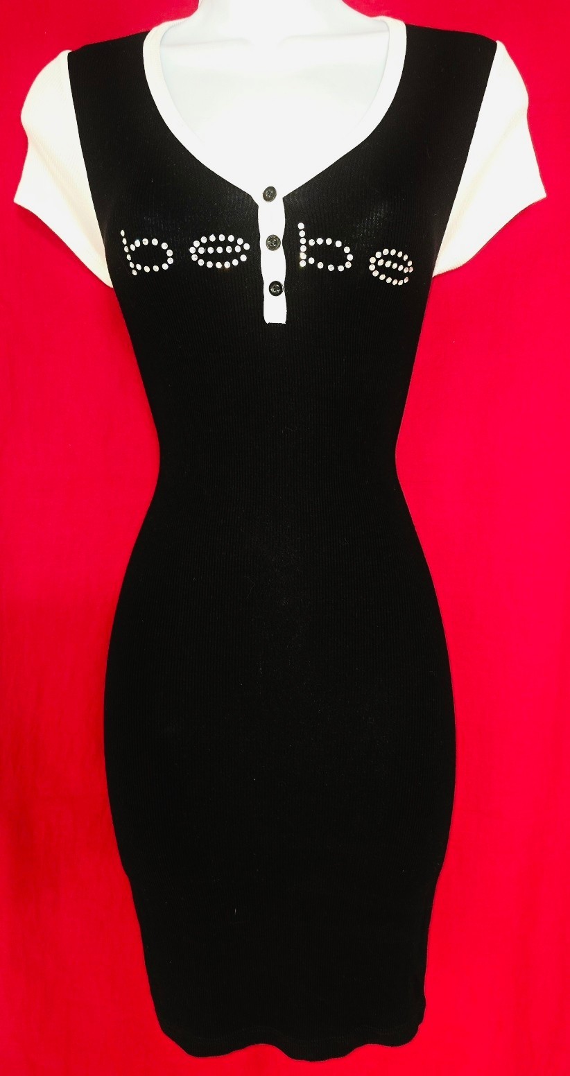 “RARE” BEBE SWAROVSKI CRYSTAL RHINESTONE LOGO BUTTON FRONT DRESS STRETCHY S NWOT