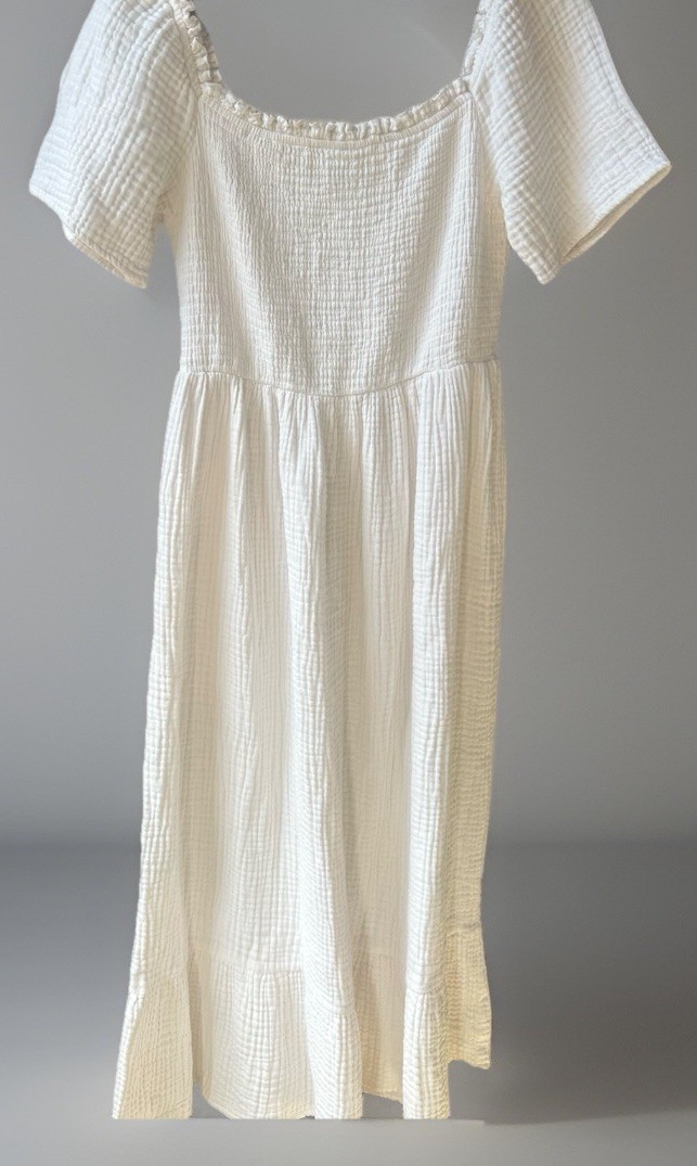 White Textured Gauze Smocked Midi Dress Medium Boho Cottagecore Brass & Roe