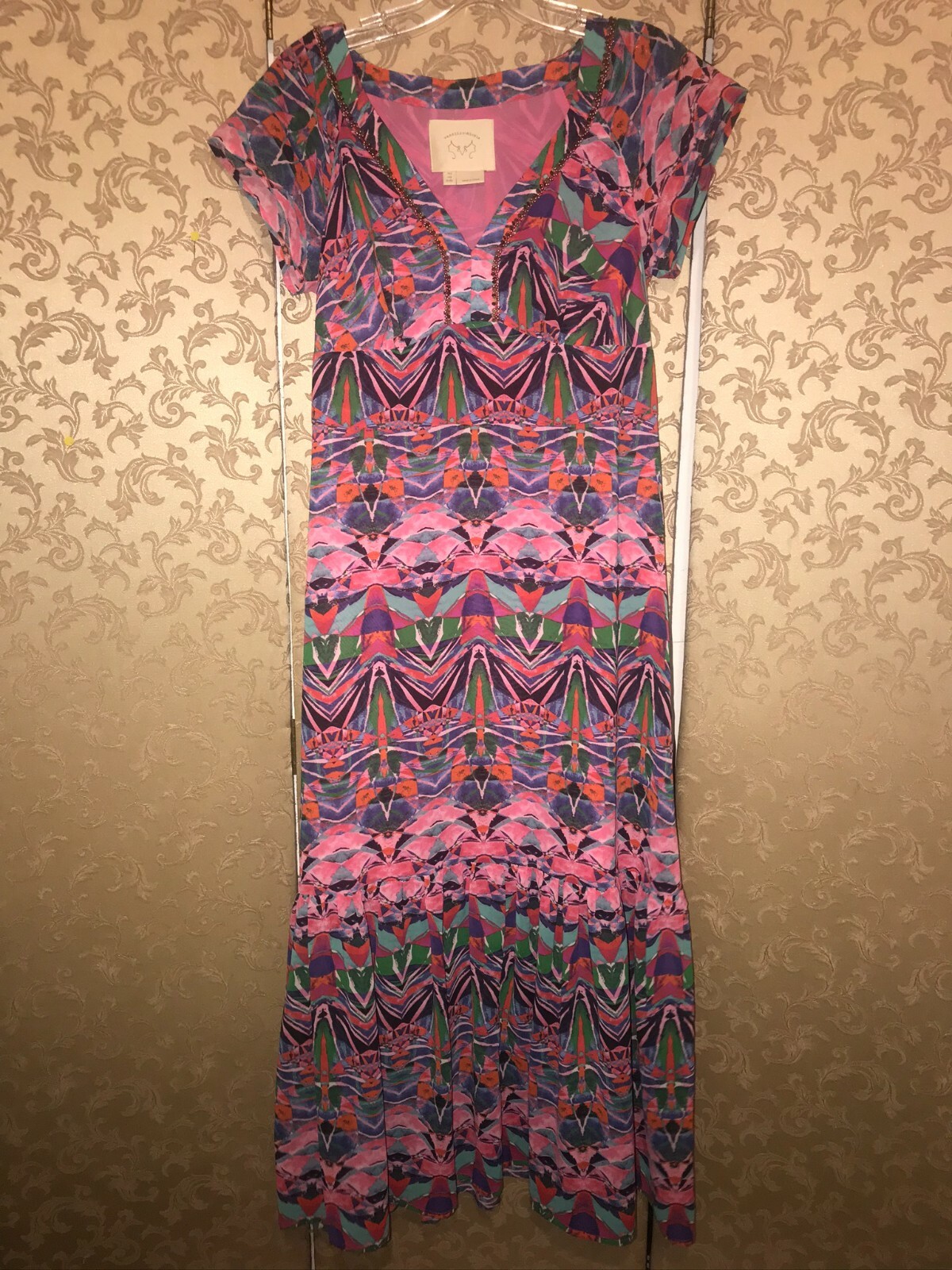 Anthropologie Vanessa Virginia Pink Multi-Color Tribal MURAL Midi Dress Size 0