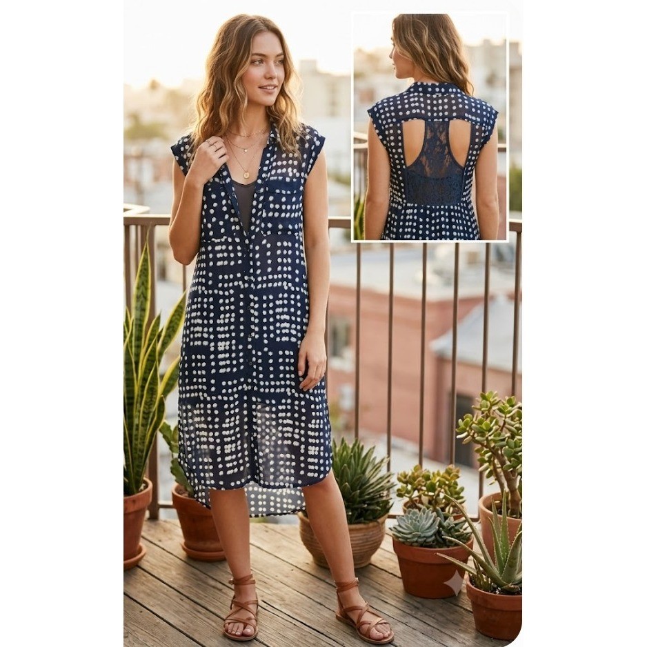 Free People Chiffon Lace Back Button Down Midi Dress Indigo White Dot Print