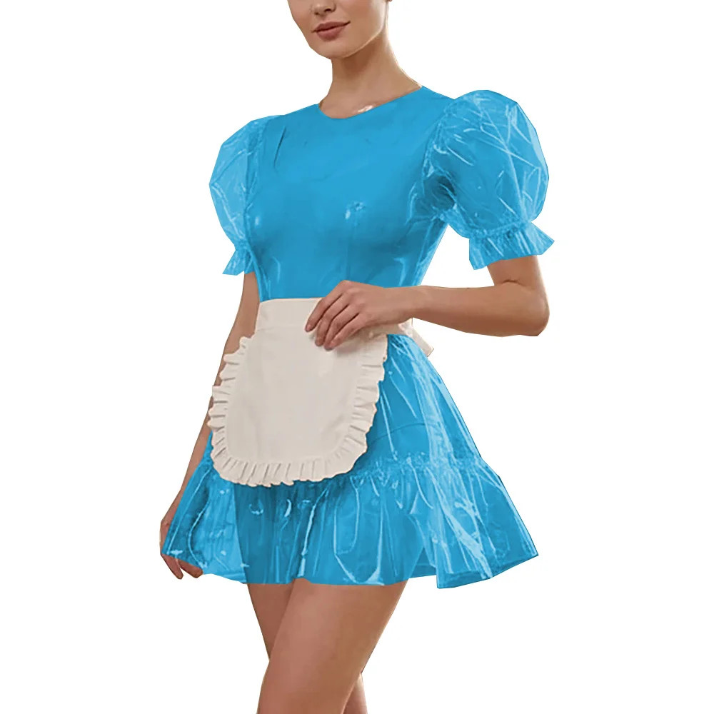 Clear PVC Maid Outfits Lockable Puff Sleeve Dress Apron Cosplay Party Costume