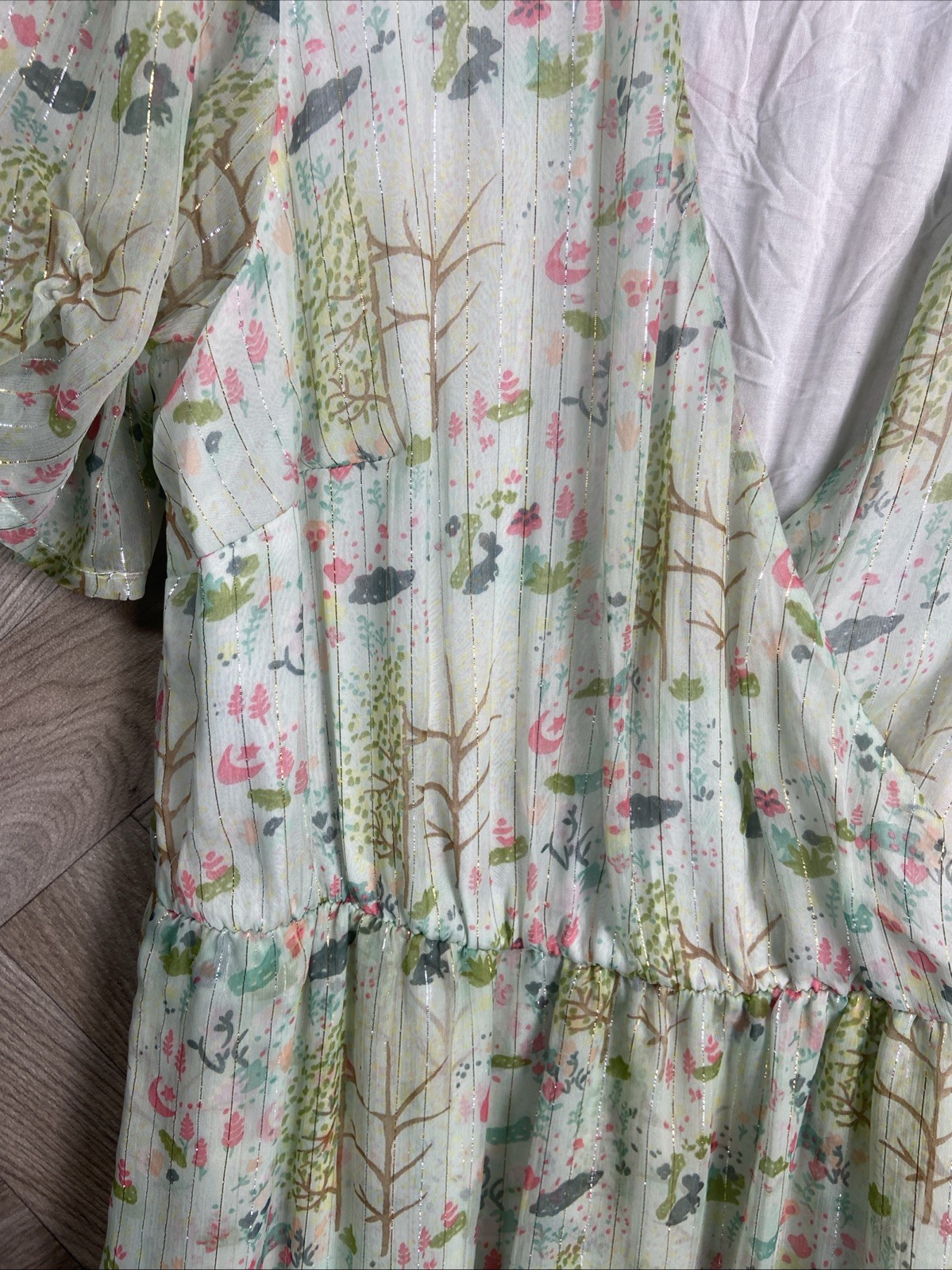Oliver Bonas Sheer Floaty Leaf Print Midi Dress Ruffle Metallic Detail Size 16