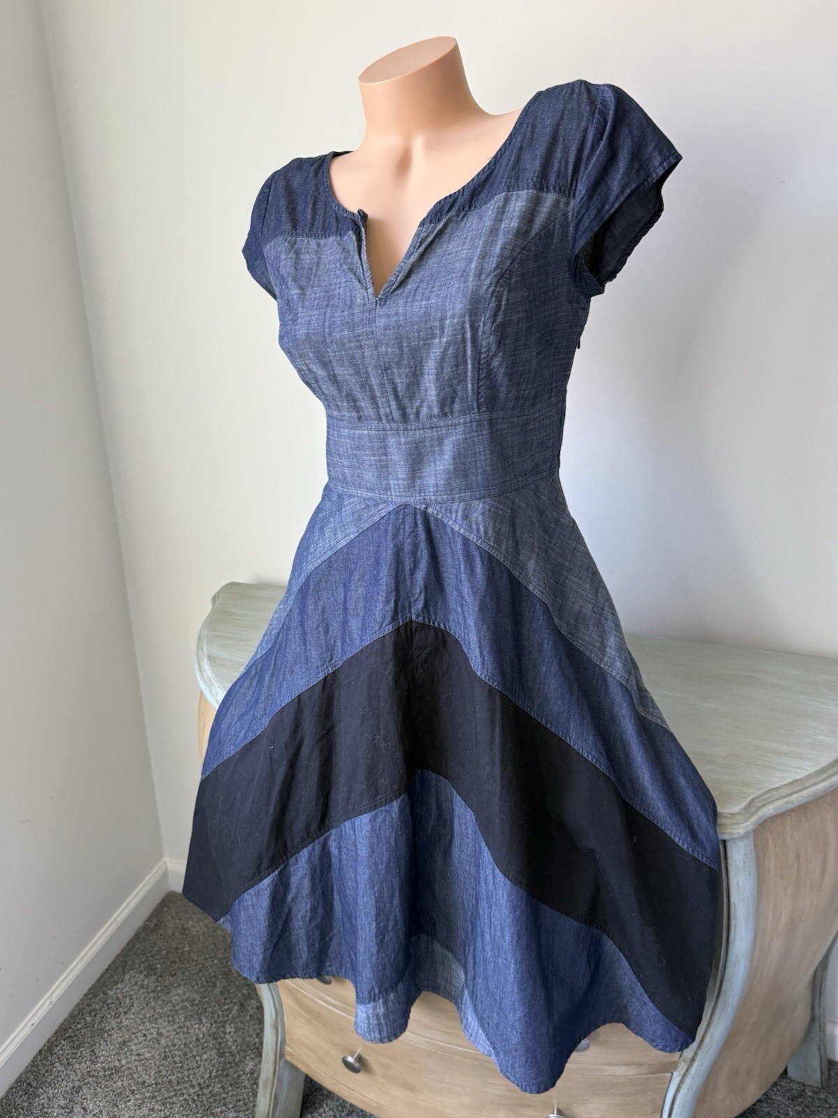 Chambray Dress Short Sleeve eShakti Artsy Boho Chevron Chic Cottage Blue Sz 8 M